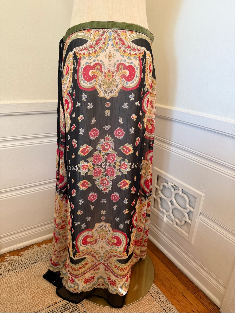 Vintage 90s WD.NY Sheer Paisley Floral Maxi Wrap Skirt Boho Scarf Print M